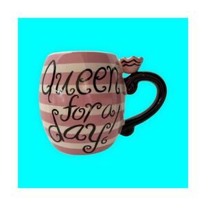 Queen for a Day Coffee Mug Cup Pier One Pink Stripes Black Polka Dot Interior
